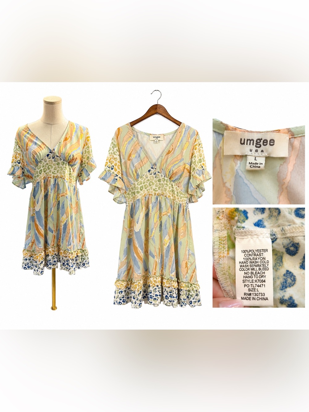 Umgee USA Large Boho Mixed Print Babydoll Dress Watercolor Animal Print Ruffle - Picture 3 of 3